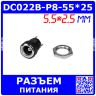 DC022B-P8-55*25 - гнездо питания JACK 5.5х2.5мм для монтажа на панель Ø8мм (DC до 30В/2А, гайка, Plug-In-2)