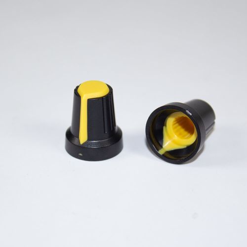AG2-Yellow15 - пластиковая ручка H=15мм для потенциометра с круглым/шлицевым валом Ø6мм (желтый колпачок, усеченный конус Ø15хØ10мм)