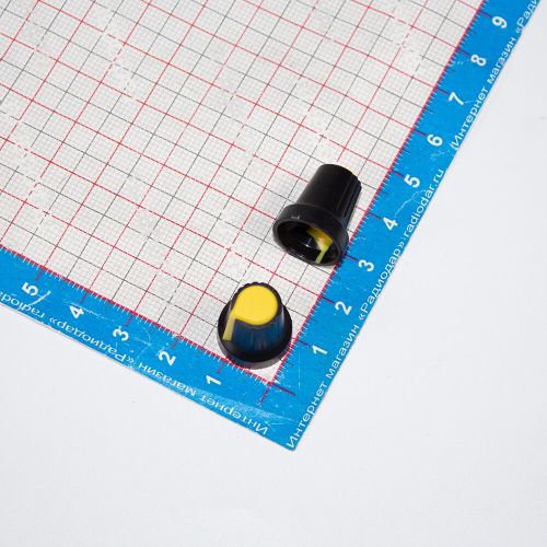 AG2-Yellow15 - пластиковая ручка H=15мм для потенциометра с круглым/шлицевым валом Ø6мм (желтый колпачок, усеченный конус Ø15хØ10мм)