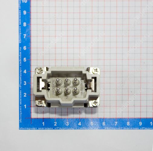 HE-006-M - разъем прямой, кабельная розетка со штырями "папа" (2 ряда, 6+1"земля", 500В/16А, 51х34х32.4мм) - производство HAOGNCN