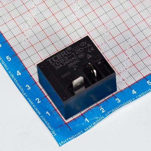 TC93-12D-1A - реле силовое электромагнитное (DC 12В, 1хA {SPST-NO} 30A/240В AC@28В DC_сплав Ag, флюсозащитное, цв. черный, 32х27.2х27.9мм, PCB_DIP-4 + дубль_QC-2) - производство TCERL