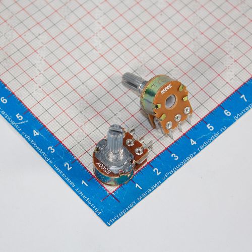 WH148-2-B500K-20 - сдвоенный поворотный потенциометр с шлицевым металлическим валом 20мм_Ø6мм (500КОм, линейный, 1-оборотный, 30х18х25мм, DIP-6)