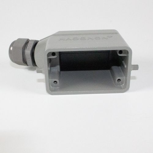 H10B-TS-2B-PG16 - корпус металлический для разъема HE-010-M/F на кабель, низкий, с боковым вводом PG16 (IP65, кабель Ø8÷14мм, 109х43.5х67мм) - производство HAOGNCN