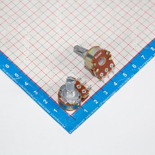 WH148-2-B100K-20 - сдвоенный поворотный потенциометр с шлицевым металлическим валом 20мм_Ø6мм (100КОм, линейный, 1-оборотный, 30х18х25мм, DIP-6)