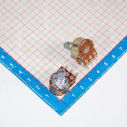 WH148-2-B100K-15 - сдвоенный поворотный потенциометр с шлицевым металлическим валом 15мм_Ø6мм (100КОм, линейный, 1-оборотный, 25х18х25мм, DIP-6)