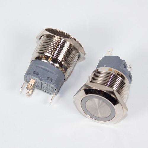 HSC22F-11E/J/N/3-6V/W - металлическая кнопка без фиксации с белой подсветкой КОЛЬЦО и выводами под пайку/терминал (22мм, 3В-6В, 0.5А/220В, 1хС {SPDT}) - производство HUSA