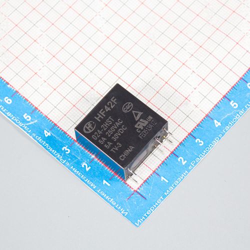 HF42F/024-2HST - реле электромагнитное миниатюрное (DC 24В, 2хA {DPST-NO} 5A/250В AC_AgSnO₂, герметичное, 24.4х12.8х24.8мм, DIP-6) - производство HONGFA