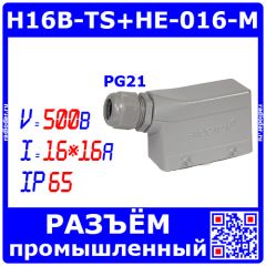 H16B-TS+HE-016-M+PG21 - вилочный штекер на кабель с боковым пластиковым вводом PG21 (500В, вилочная розетка "ПАПА", 16 pin * 16А, IP65) - производство HAOGNCN (Китай)