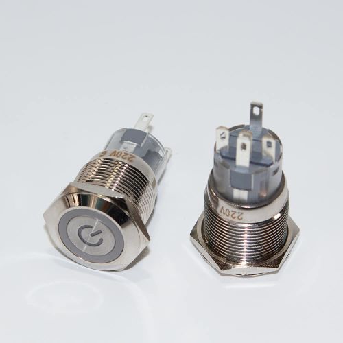 HSA19F-11EPZ/J/N/GREEN - металлические кнопки с фиксацией и подсветкой (19мм, 250В/2A, 1хС {SPDT}, значок "питание" зеленого цвета, под пайку/терминал)