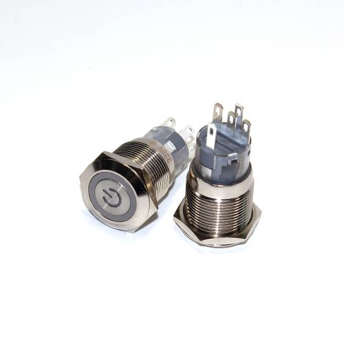 HSA19F-11EPZ/J/N/WHITE - металлические кнопки с фиксацией и подсветкой (19мм, 250В/2A, 1хС {SPDT}, значок "питание" белого цвета, под пайку/терминал)