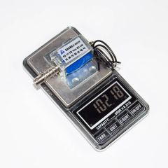 JF-0837ZP-12VDC - электромагнитный соленоид с монтажной планкой (DC 12В, 0.3А, 0.8N, 10мм, 70х20х26мм)